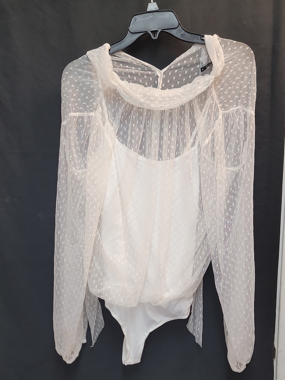 BCBGMaxAzria Sheer Ivory Dotted Swiss Long-Sleeve Bodysuit